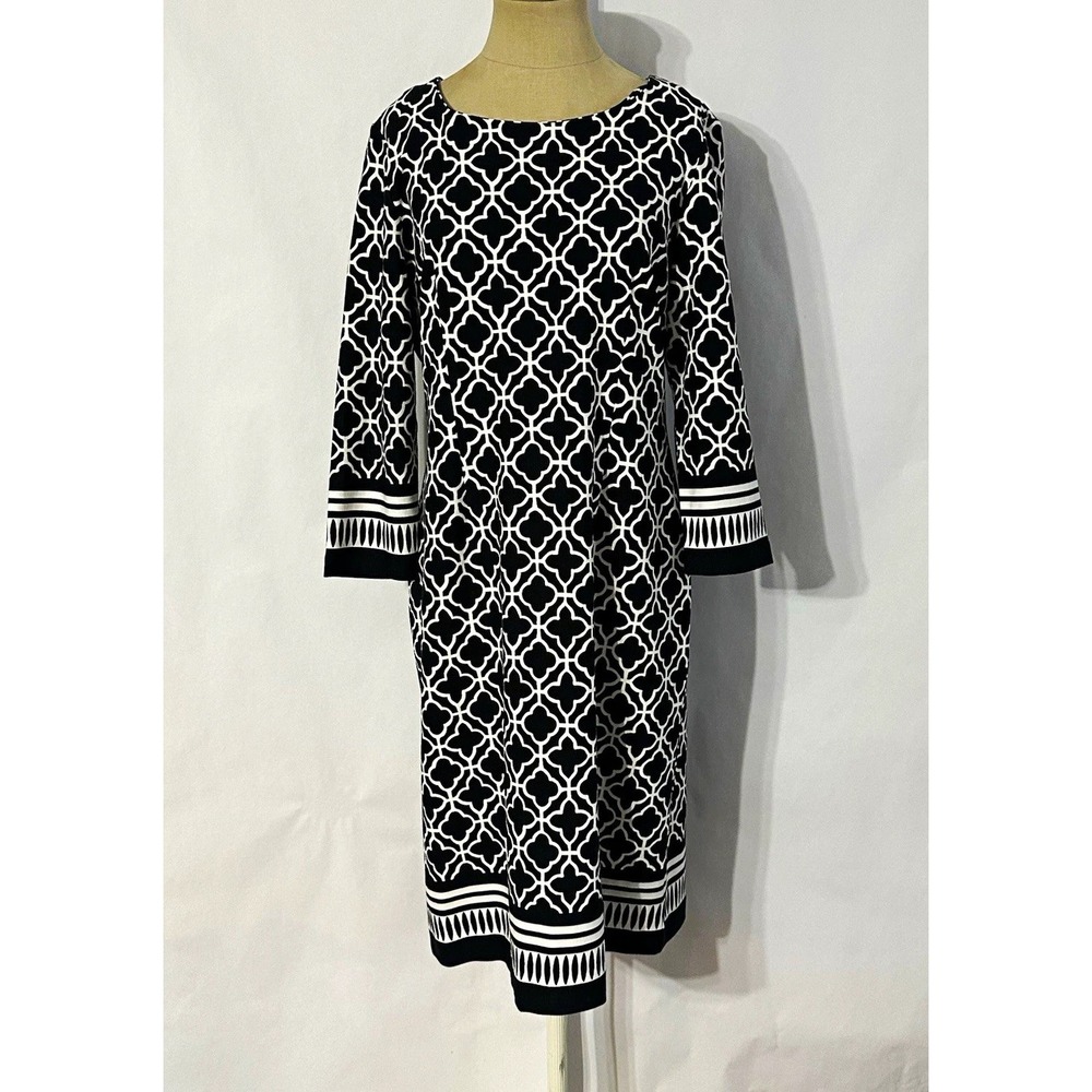 Talbots Sheath Dress SZ 10 Black White Geometric Stretch Ponte Knit 3/4 Sleeve